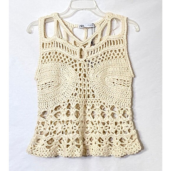 Zara Tops - Zara Limited Edition Crochet Tank Top Womens Size Large Cream Acrylic Peplum NWT